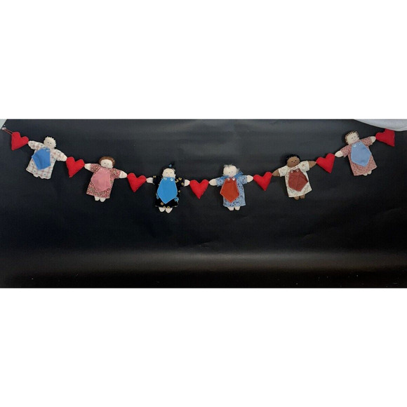 VTG Handsewn Ragdoll & Hearts 42" Garland Love One Another Folk Art Cottage Core - Picture 1 of 7